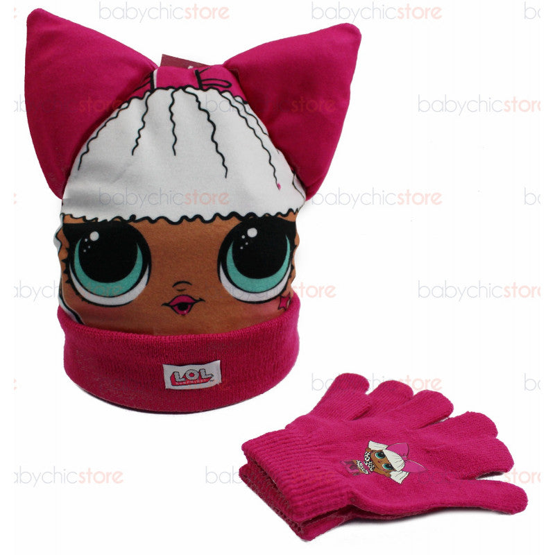 LOL Hat with Ears and Gloves Set - Pink