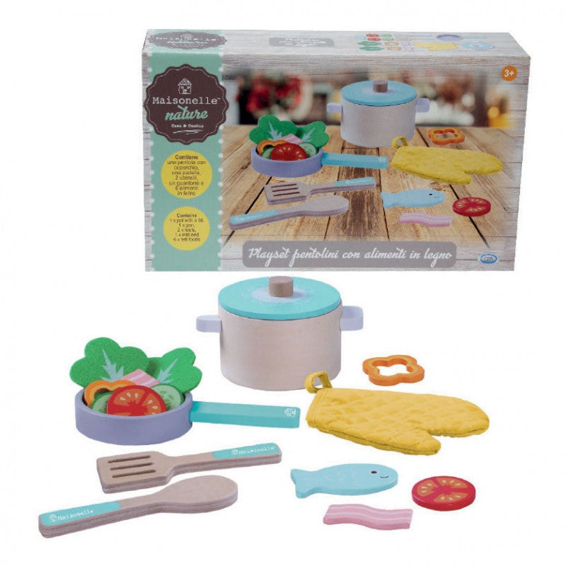Set de juego de ollas con alimentos de madera
